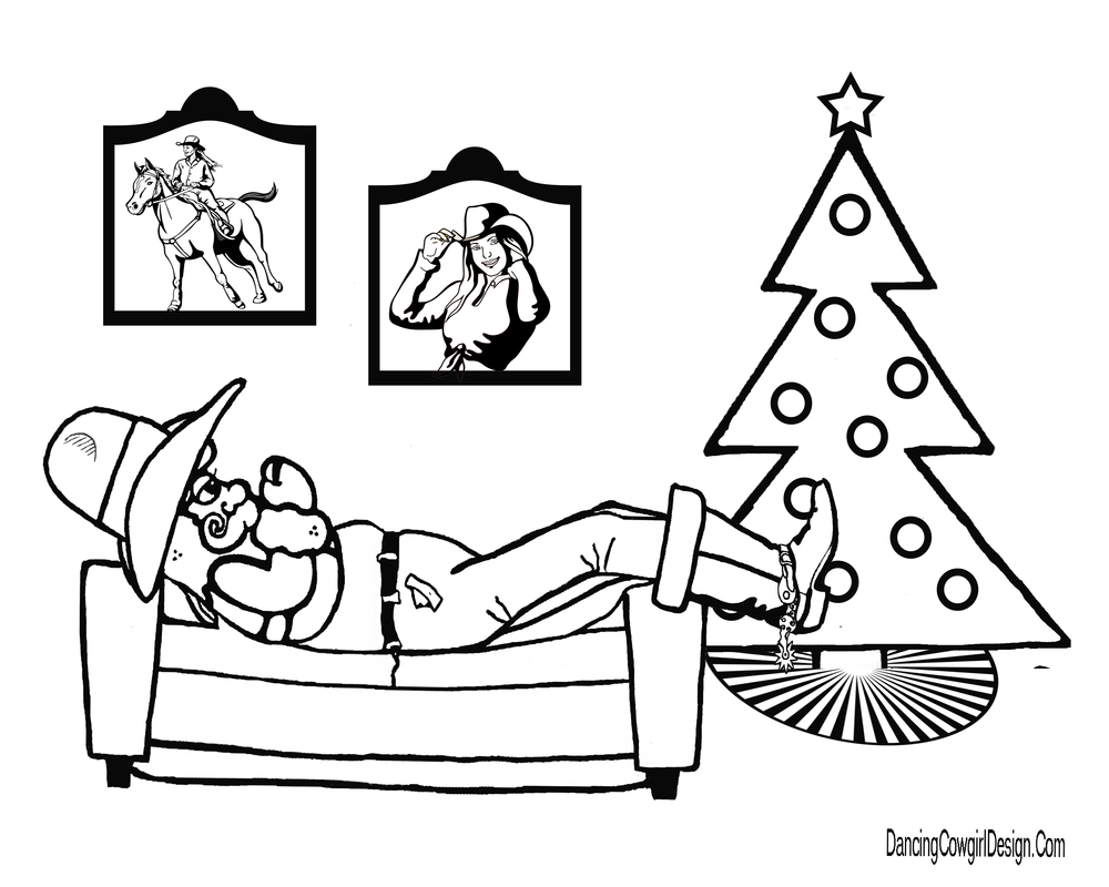 Cowboy Santa and Christmas tree coloring page