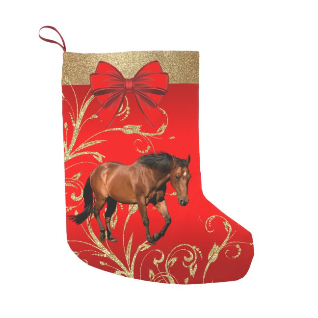 brown horse on red and gold Christmas stocking