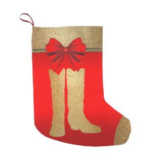 gold cowboy boots on red Christmas stocking