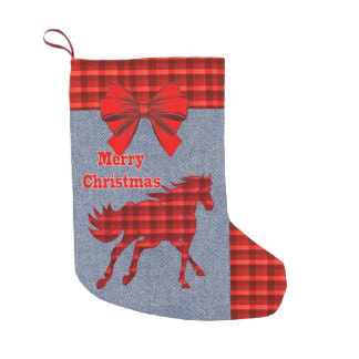 Red plaid horse on faux denim Christmas stocking
