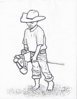 coloring page kids on stick horse